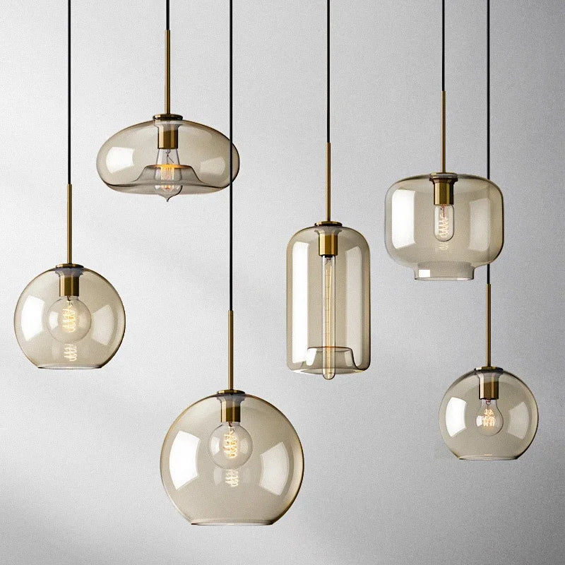 Modern Glass Pendant Light Fixture Brass Finish Globe Design — Image 10