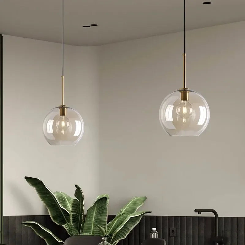 Modern Glass Pendant Light Fixture Brass Finish Globe Design — Image 9