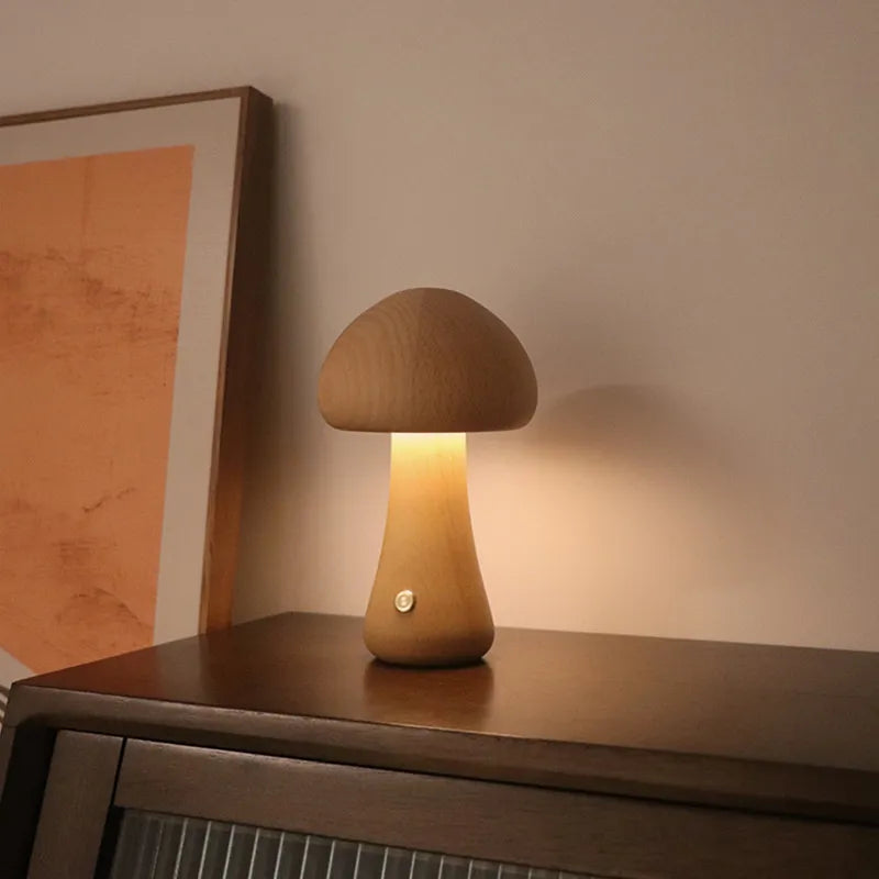 Wooden Mushroom Table Lamp LED Night Light Modern Minimalist Design Brown — Image 3