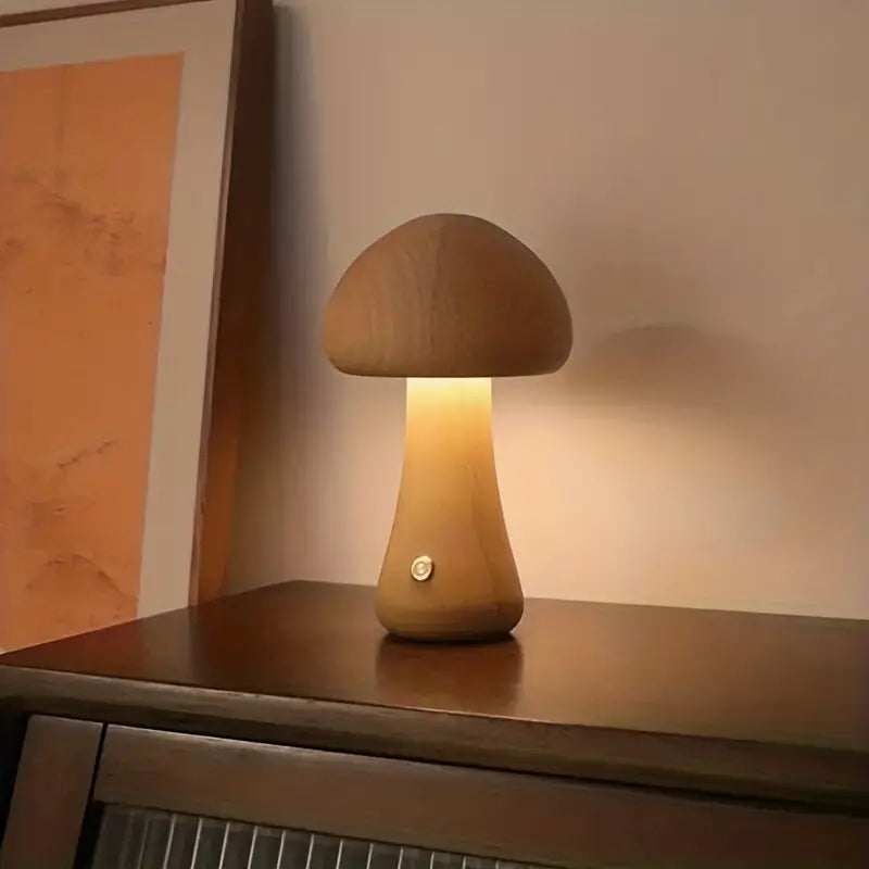 Wooden Mushroom Table Lamp LED Night Light Modern Minimalist Design Brown — Image 5