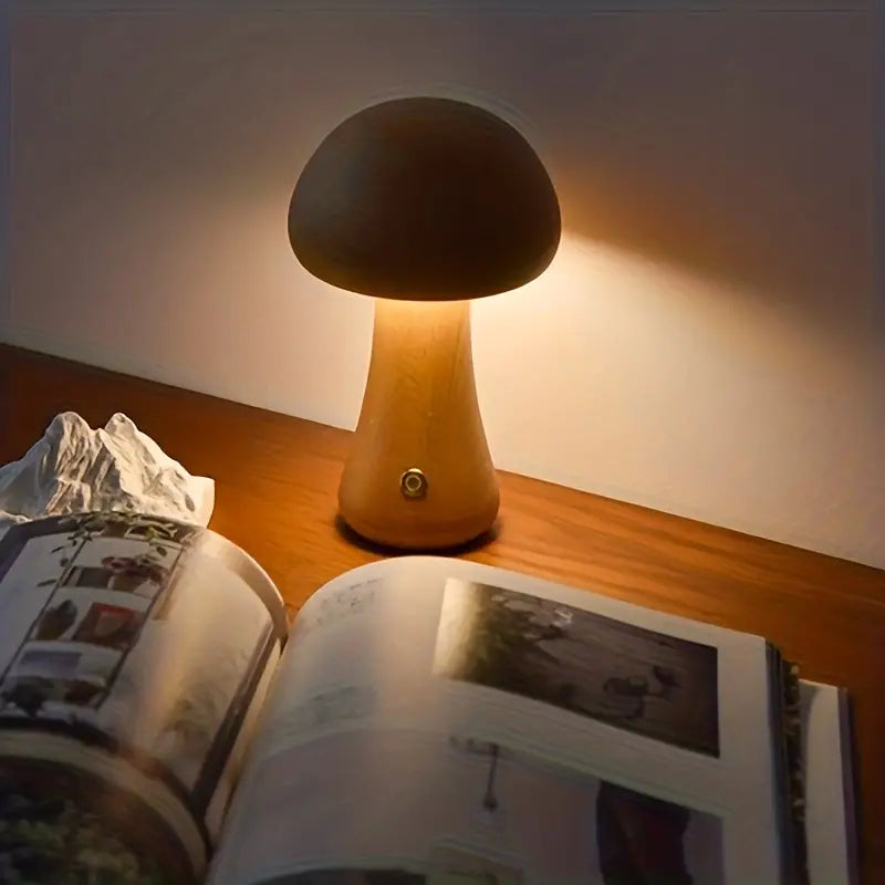 Wooden Mushroom Table Lamp LED Night Light Modern Minimalist Design Brown — Image 7