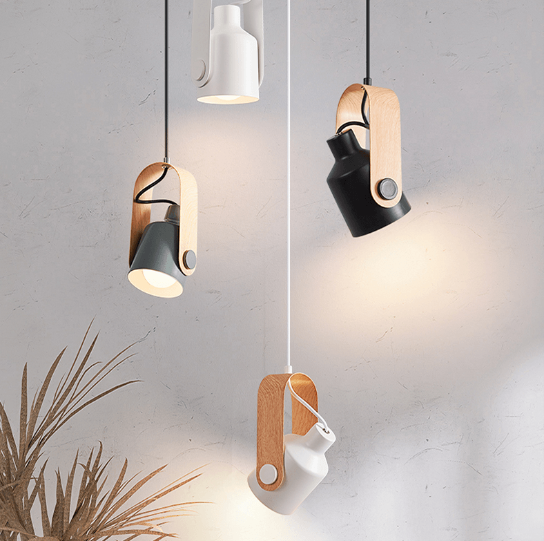 Modern Adjustable Pendant Light Metal Wood Hanging Lamp Black White — Image 2