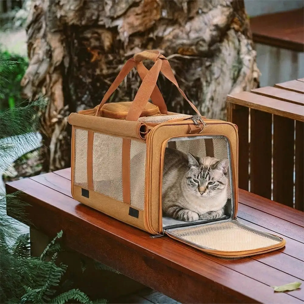 Pet Carrier Bag Durable Mesh Travel Tote for Cats Small Dogs Adjustable Strap Safety Buckle Brown — Image 3