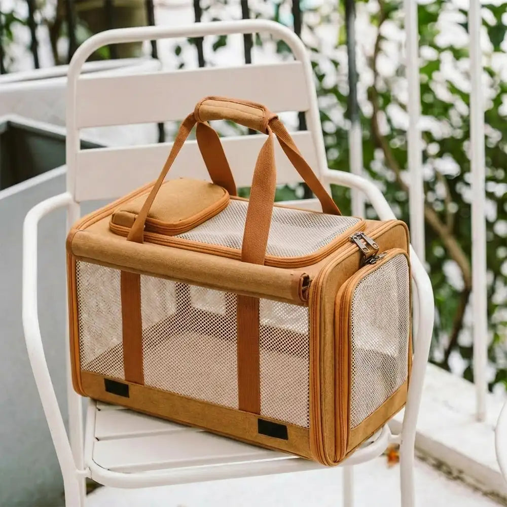 Pet Carrier Bag Durable Mesh Travel Tote for Cats Small Dogs Adjustable Strap Safety Buckle Brown — Image 7