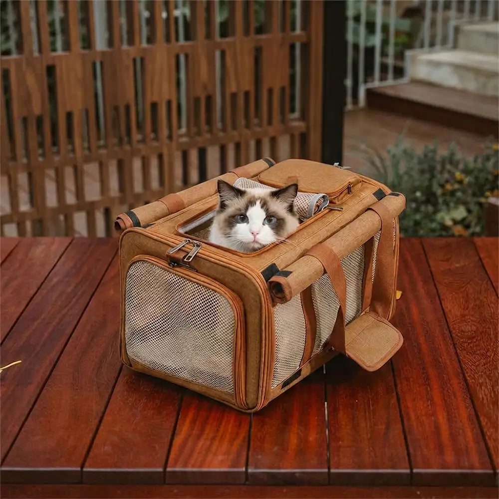 Pet Carrier Bag Durable Mesh Travel Tote for Cats Small Dogs Adjustable Strap Safety Buckle Brown — Image 10
