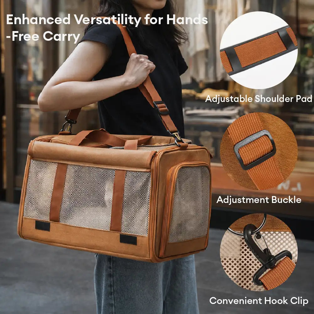 Pet Carrier Bag Durable Mesh Travel Tote for Cats Small Dogs Adjustable Strap Safety Buckle Brown — Image 4