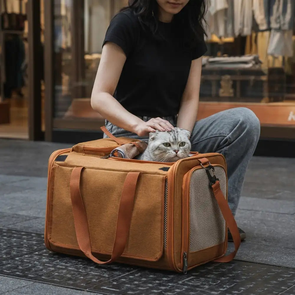 Pet Carrier Bag Durable Mesh Travel Tote for Cats Small Dogs Adjustable Strap Safety Buckle Brown — Image 2