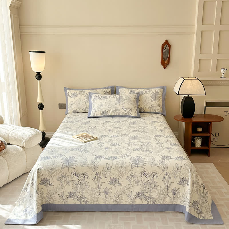Luxury Floral Cotton Bedspread Set Queen Size Beige Blue Botanical Design — Image 2
