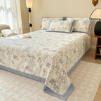Luxury Floral Cotton Bedspread Set Queen Size Beige Blue Botanical Design — Image 4