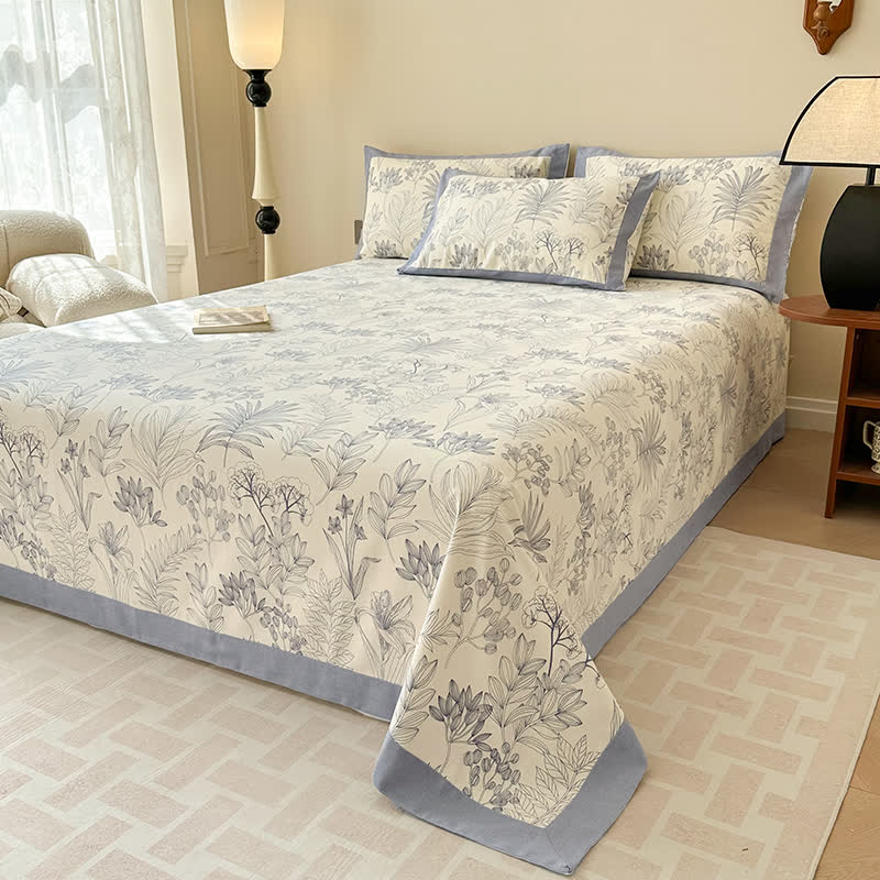Luxury Floral Cotton Bedspread Set Queen Size Beige Blue Botanical Design — Image 4