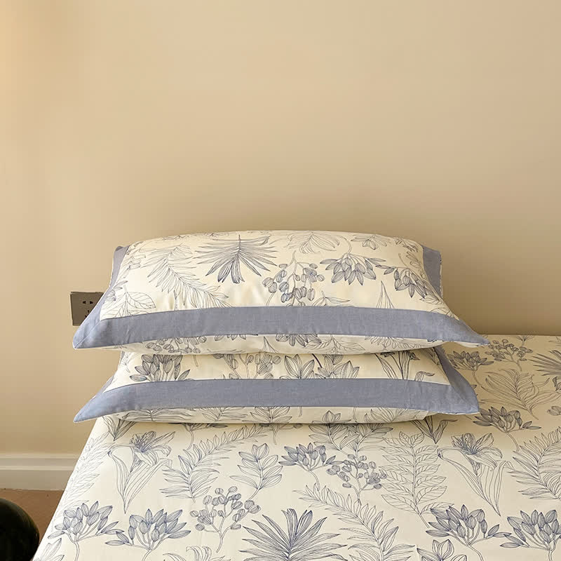 Luxury Floral Cotton Bedspread Set Queen Size Beige Blue Botanical Design — Image 8