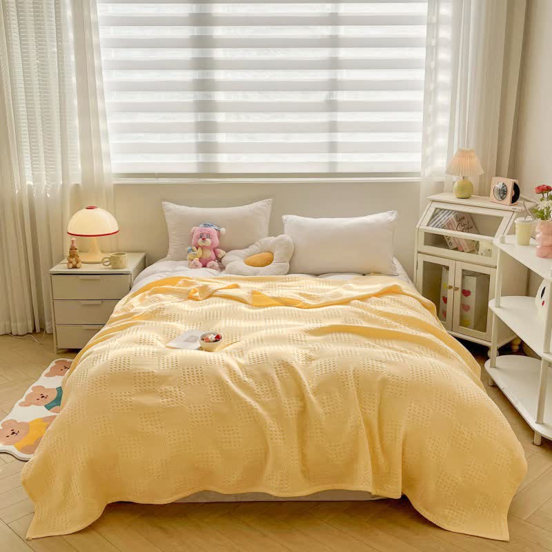 Soft Waffle Weave Cotton Blanket - Yellow, Pink, Blue - Cozy Bedspread — Image 3