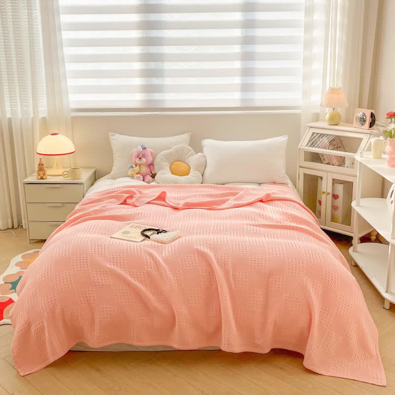 Soft Waffle Weave Cotton Blanket - Yellow, Pink, Blue - Cozy Bedspread — Image 5