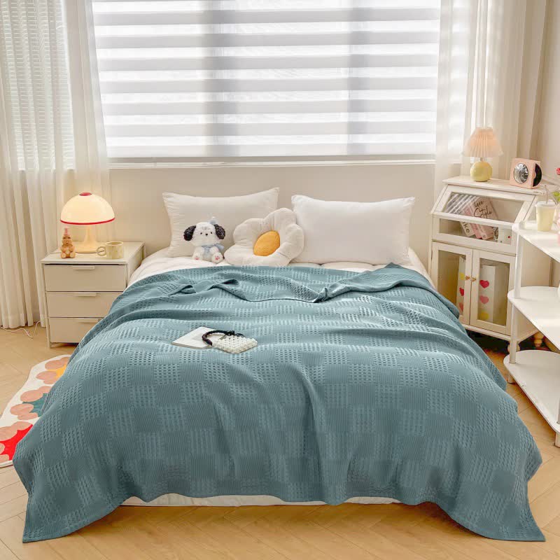 Soft Waffle Weave Cotton Blanket - Yellow, Pink, Blue - Cozy Bedspread — Image 8
