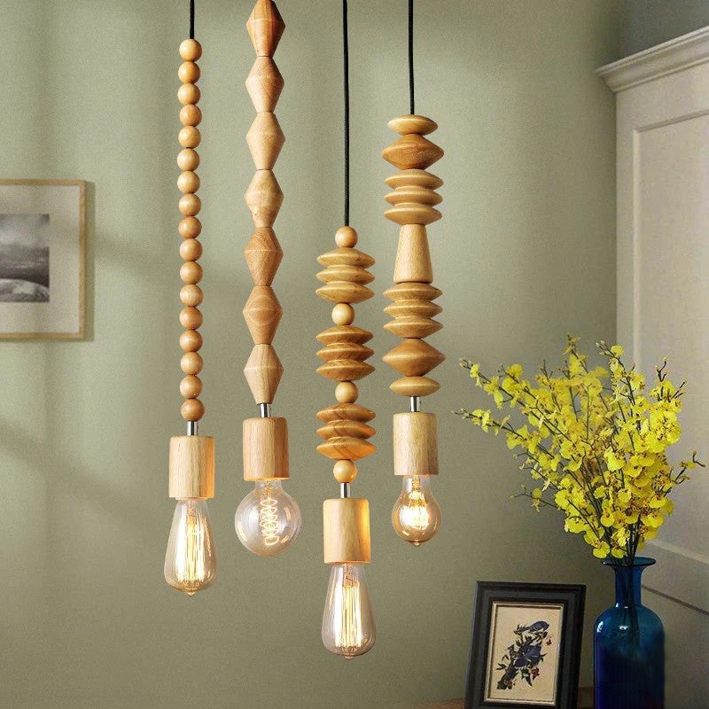 Handcrafted Wooden Pendant Light Fixture Beaded Design Natural Wood — Main Image
