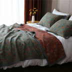 Reversible Floral Cotton Quilt Set Green Orange Patterned Bedding with Pillow Shams — Main Image
