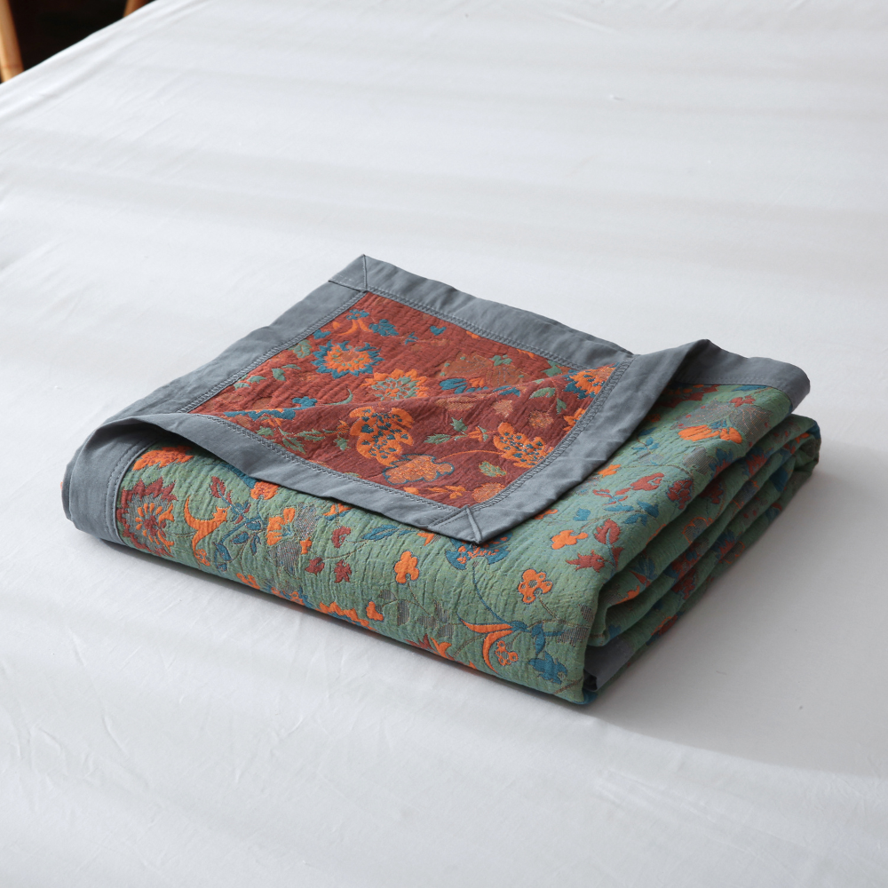 Reversible Floral Cotton Quilt Set Green Orange Patterned Bedding with Pillow Shams — Image 5