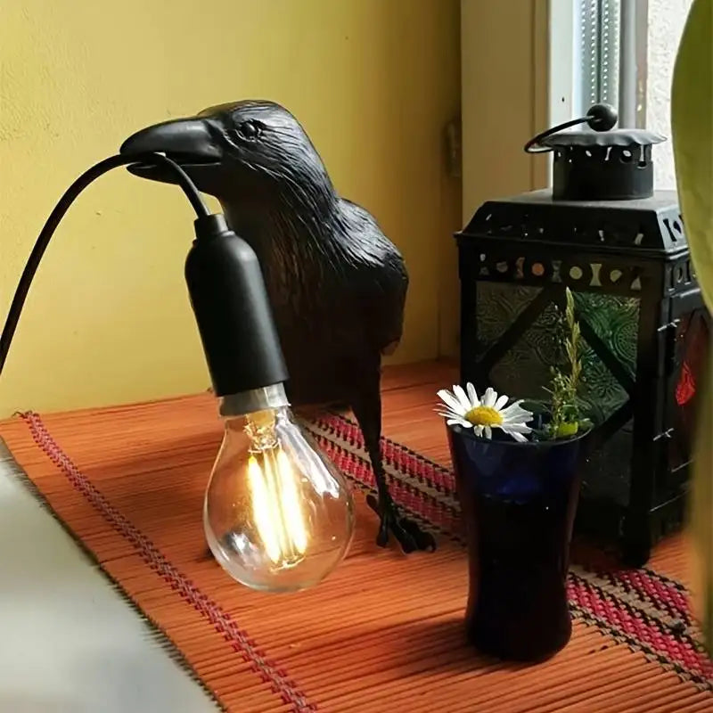 Raven Table Lamp Bird-Shaped Resin Sculpture Light Home Decor Black — Image 3