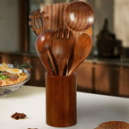 Premium Wooden Kitchen Utensil Set 6-Piece Acacia Wood Cooking Tools with Holder — Image 2