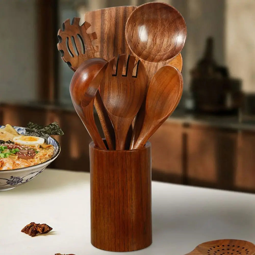 Premium Wooden Kitchen Utensil Set with Holder 7-Piece Natural Acacia Wood Cooking Tools — Image 2