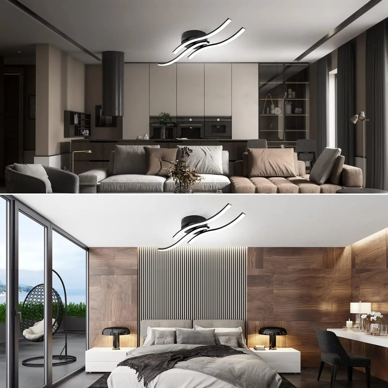 Contemporary LED Ceiling Light Fixture - Black, Curved Design, 3-Light, Modern Home Lighting — Image 2