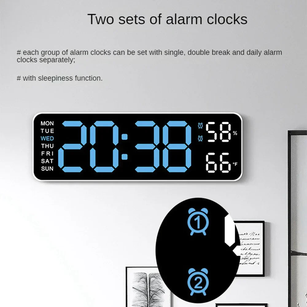 Digital Wall Clock LED Display with Temperature Humidity Dual Alarm Adjustable Brightness Modern Home Decor — Image 2