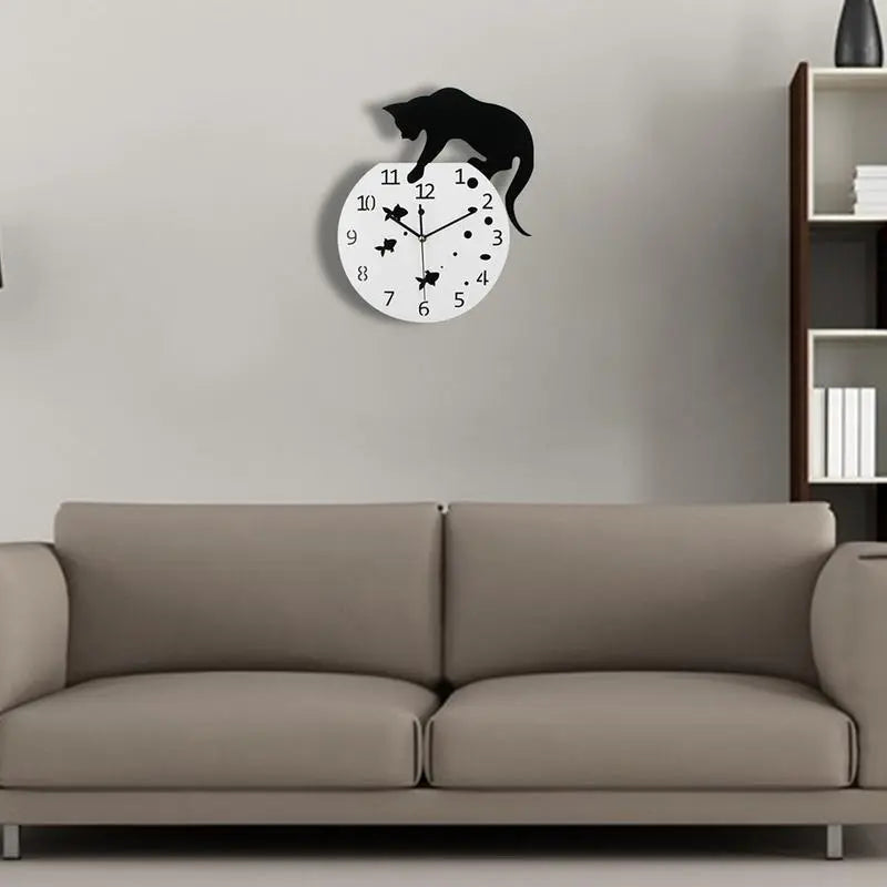 Modern Cat Design Wall Clock Silent Non-Ticking Quartz Timepiece Black White 32cm — Main Image