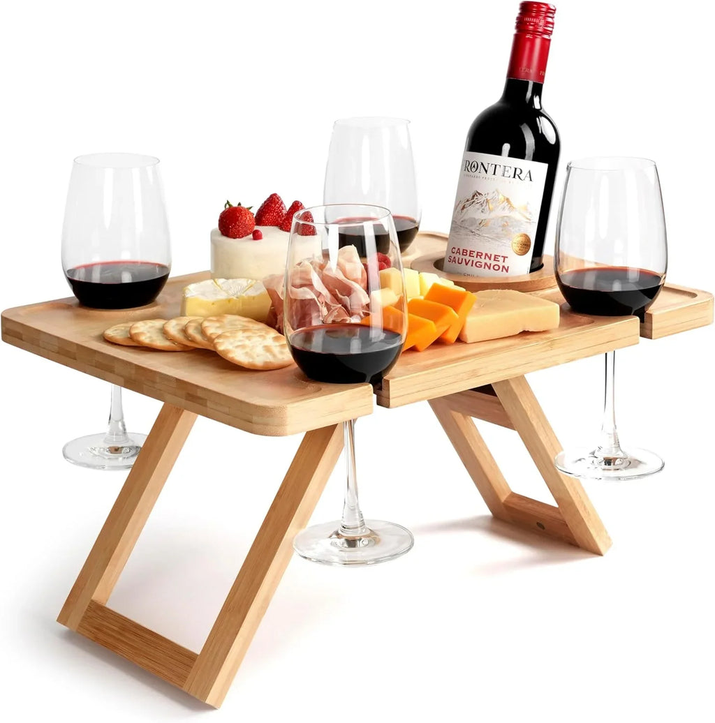 Bamboo Wine and Cheese Picnic Table with Glass Holders Portable Folding Design — Main Image
