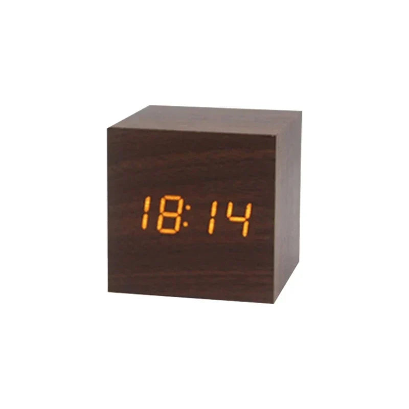 Wooden LED Digital Alarm Clock Cube Design with Temperature Display and Sound Control — Image 6