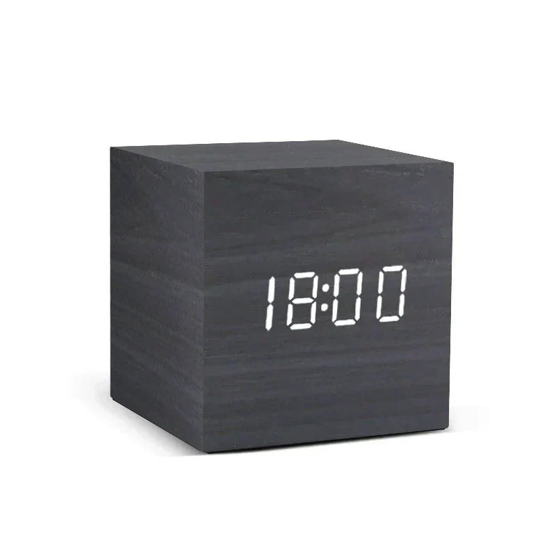Wooden LED Digital Alarm Clock Cube Design with Temperature Display and Sound Control — Image 7