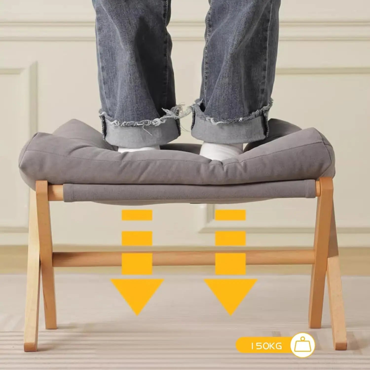 Foldable Wooden Footrest Stool with Grey Linen Cushion, 45x33x40cm — Image 4