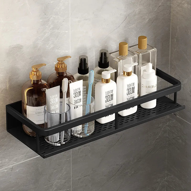 Modern Wall-Mounted Bathroom Shelf Organizer Black Metal 2-Tier Storage Rack — Main Image