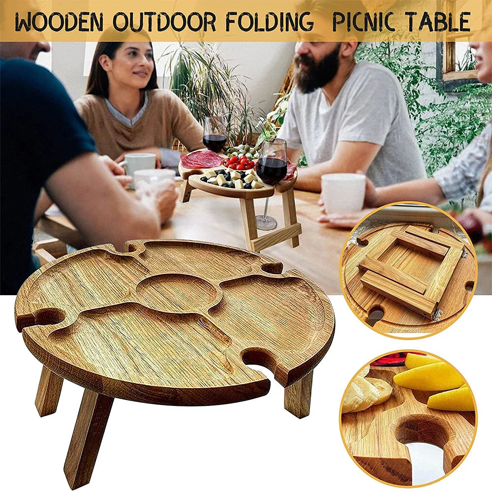 Portable Wooden Outdoor Folding Picnic Table with Wine Glass Holders 35cm — Main Image