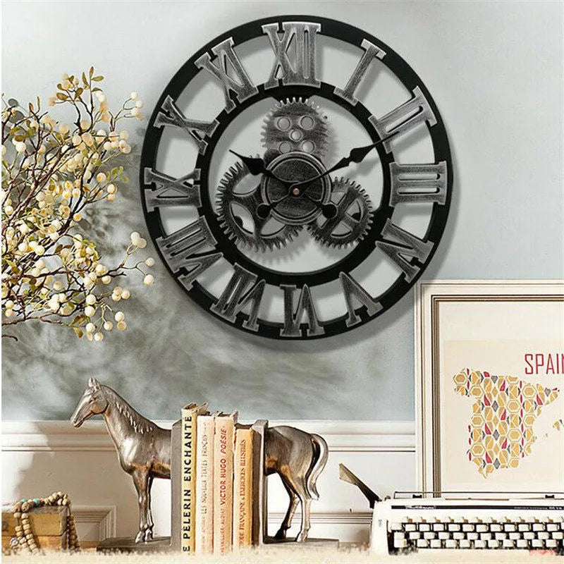 Industrial Gear Wall Clock Metal Steampunk Roman Numerals Vintage Decor — Image 2