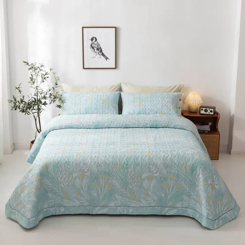 Floral Quilted Bedspread Set Cotton Green Botanical Pattern King Size — Image 14