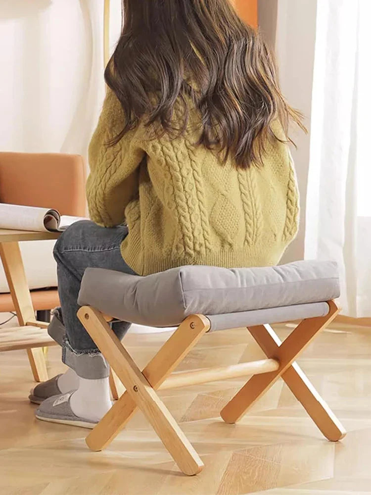 Foldable Wooden Footrest Stool with Grey Linen Cushion, 45x33x40cm — Image 3