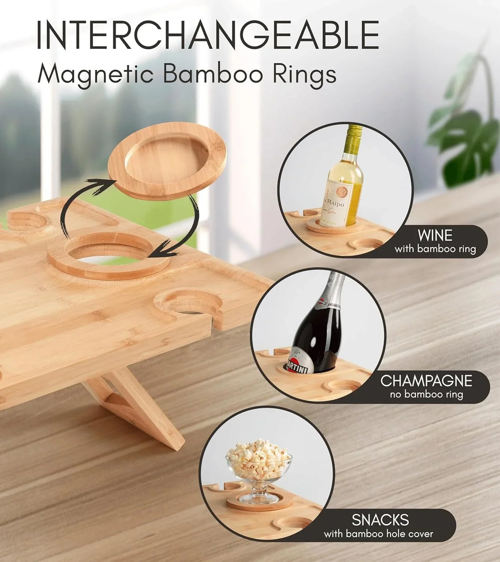 Bamboo Wine and Cheese Picnic Table with Glass Holders Portable Folding Design — Image 3