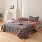 Elegant Floral Cotton Bedspread Set Orange Blue Queen Size Reversible Quilt — Image 11