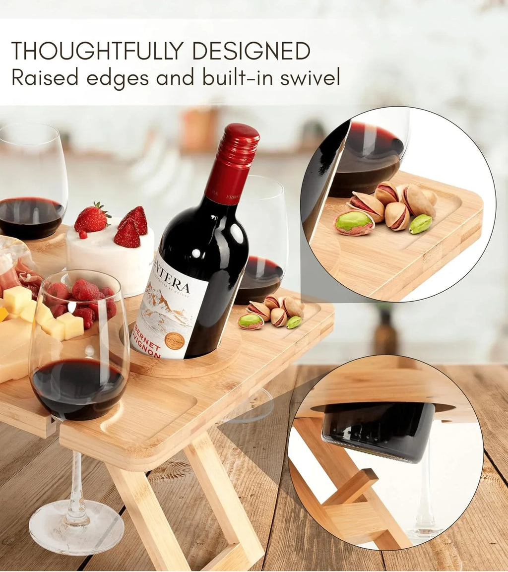 Bamboo Wine and Cheese Picnic Table with Glass Holders Portable Folding Design — Image 4