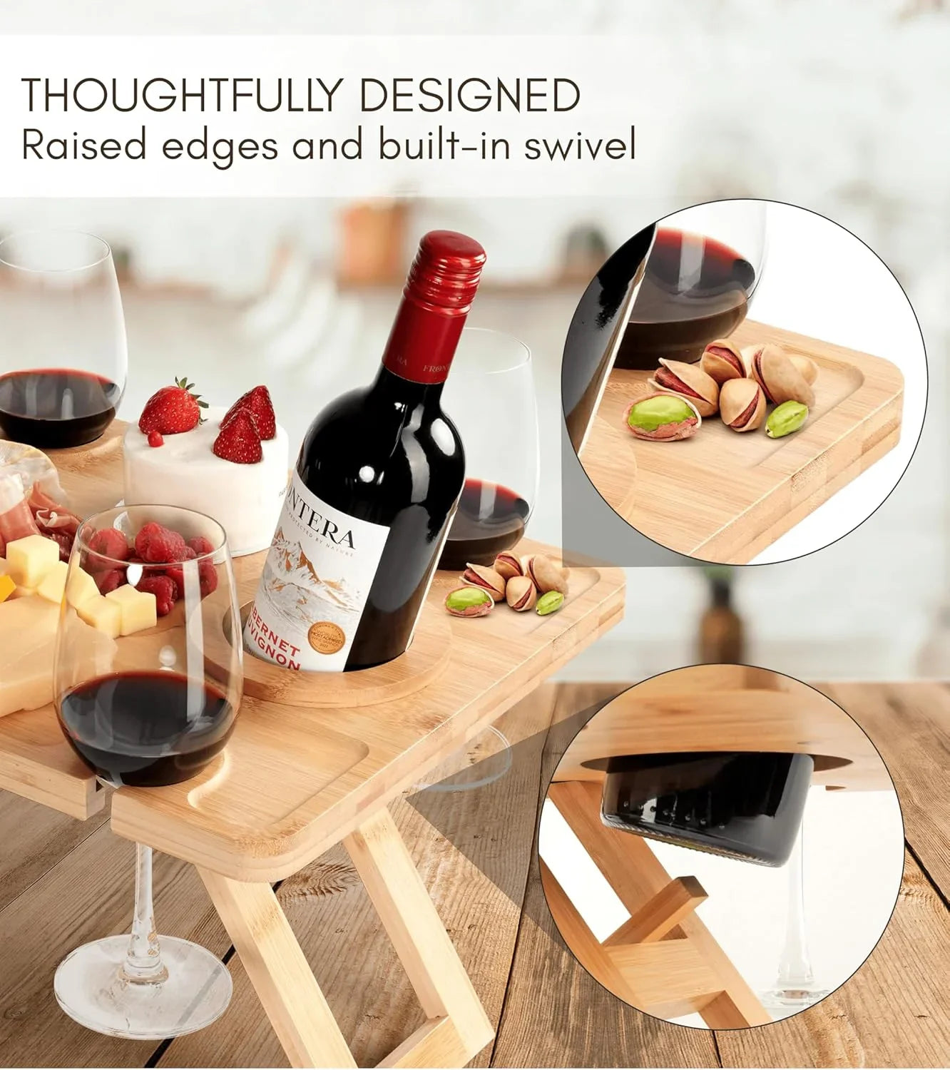 Bamboo Wine and Cheese Picnic Table with Glass Holders Portable Folding Design — Image 4
