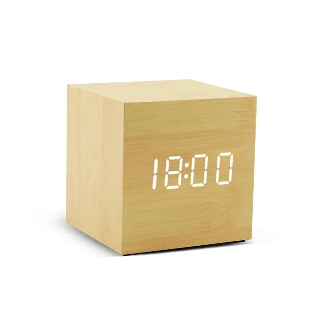 Wooden LED Digital Alarm Clock Cube Design with Temperature Display and Sound Control — Image 9
