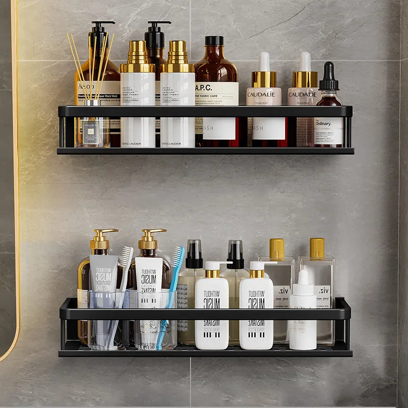 Modern Wall-Mounted Bathroom Shelf Organizer Black Metal 2-Tier Storage Rack — Image 6