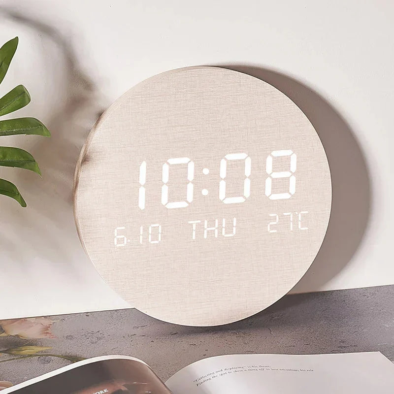 Modern Wooden LED Wall Clock Round Digital Display with Temperature Date Function — Image 3