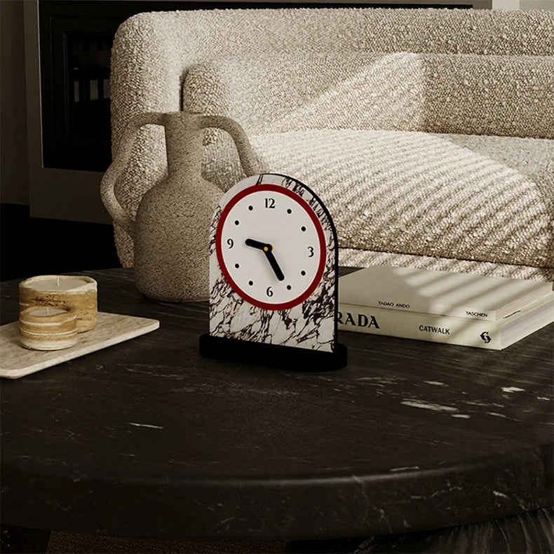 Voyage Modern Arch Table Clock Red Wood Marble Stylish Home Decor Office Desk — Image 6