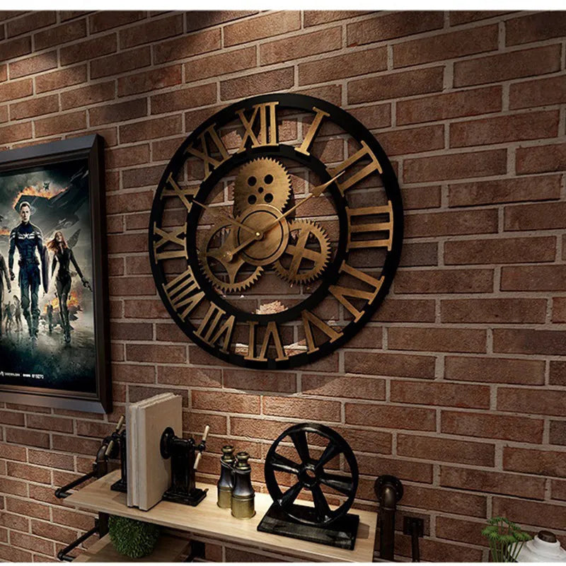 Industrial Gear Wall Clock Metal Steampunk Roman Numerals Vintage Decor — Main Image