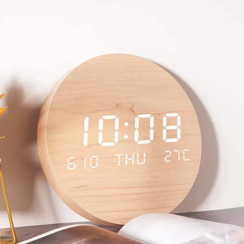 Modern Wooden LED Wall Clock Round Digital Display with Temperature Date Function — Image 2