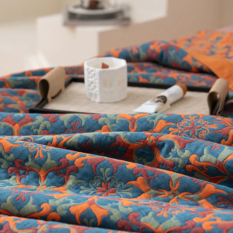 Elegant Floral Cotton Bedspread Set Orange Blue Queen Size Reversible Quilt — Image 6