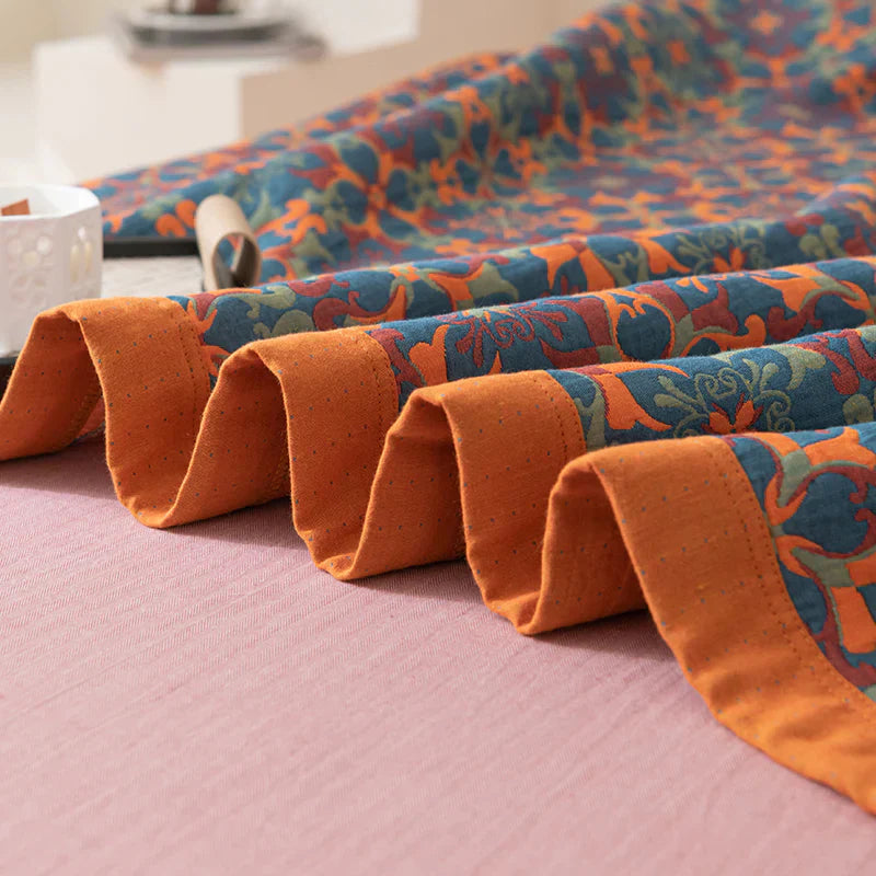 Elegant Floral Cotton Bedspread Set Orange Blue Queen Size Reversible Quilt — Image 8