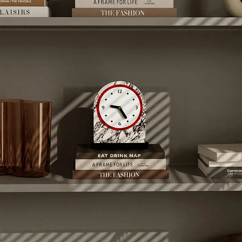 Voyage Modern Arch Table Clock Red Wood Marble Stylish Home Decor Office Desk — Image 3