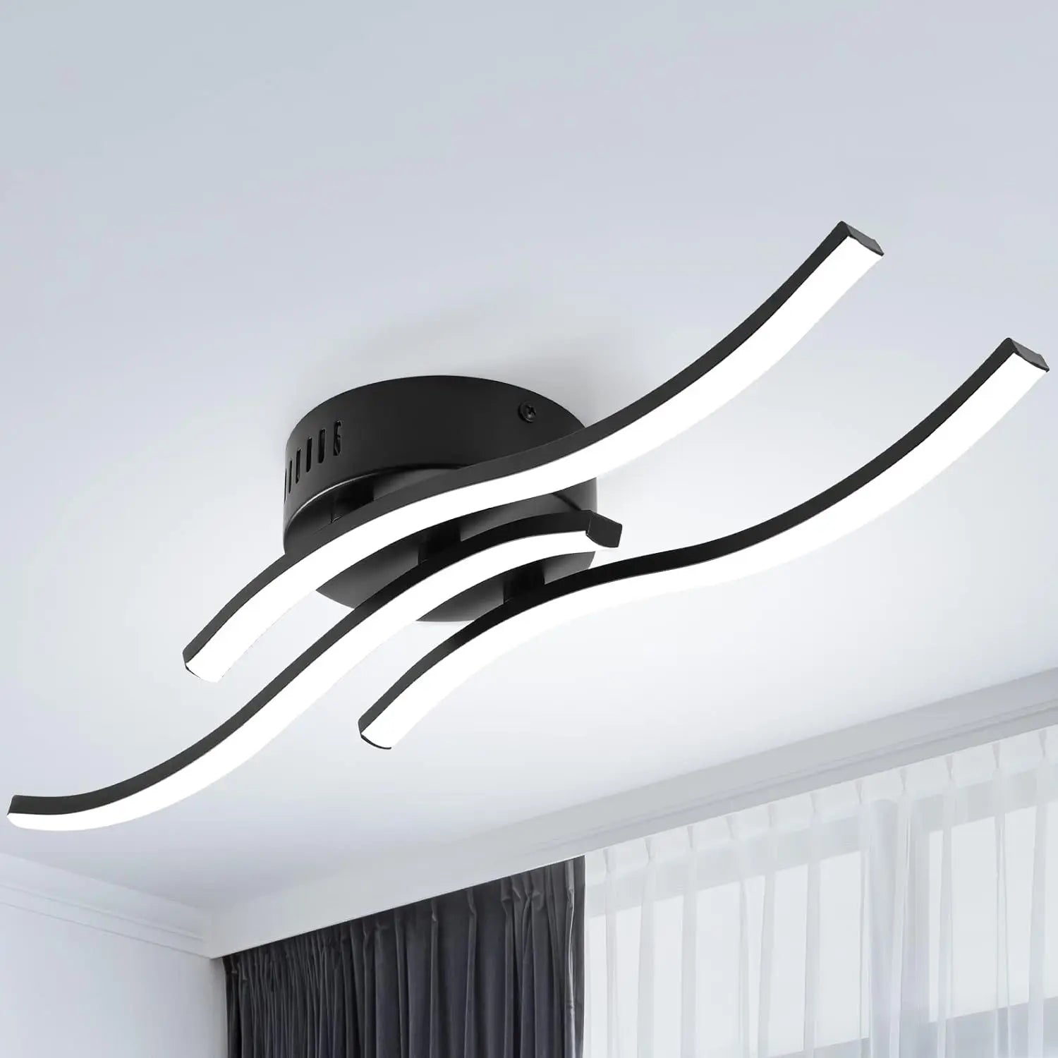 Contemporary LED Ceiling Light Fixture - Black, Curved Design, 3-Light, Modern Home Lighting — Main Image